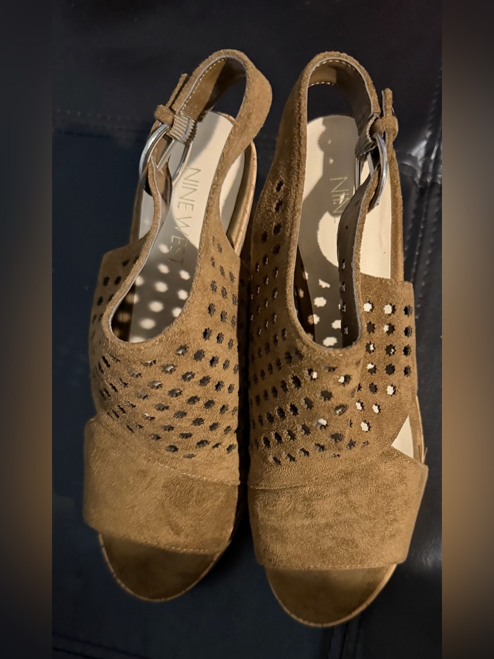 Nine West Tan Suede Peep-Toe Slingback Wedges with Laser-Cut Detail